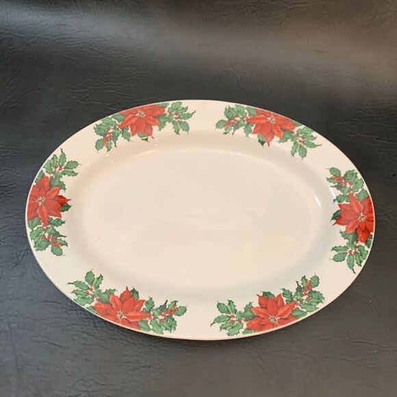 Hallmark Poinsettia Red Green 10 X 14 Inches Holiday Christmas Serving Platter - Picture 1 of 6